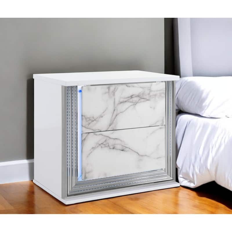 25" White Two Drawer Wood and Faux Marble Lighted Nightstand - White - 2-drawer