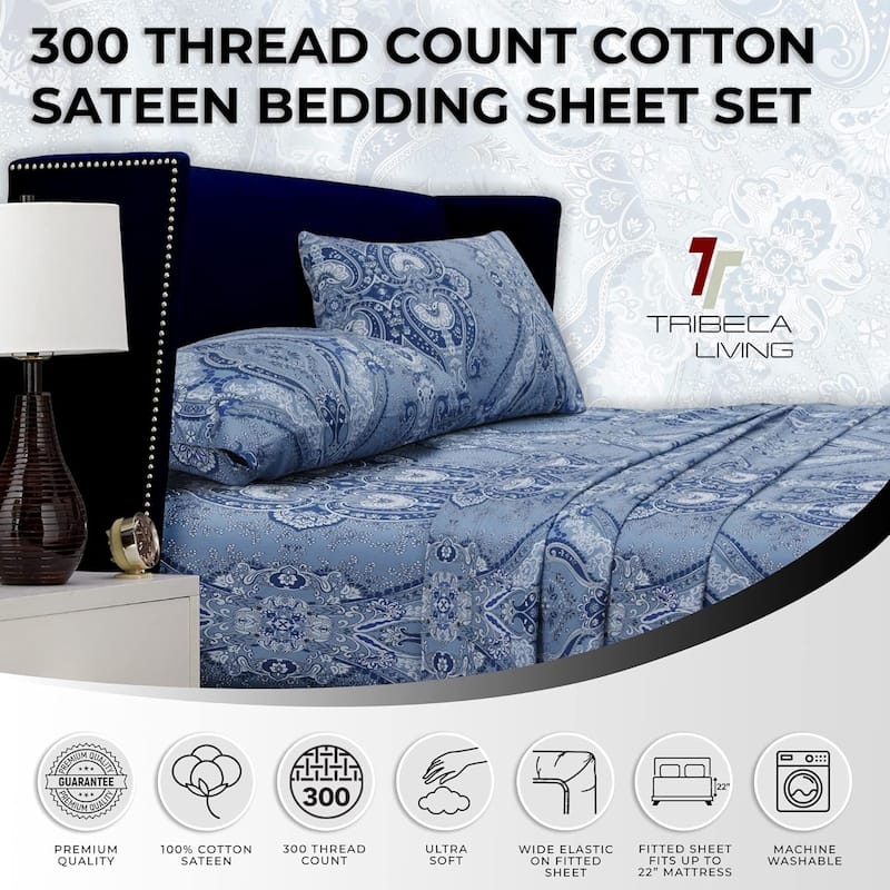 Atlantis Printed 300 TC Cotton Sateen Extra Deep Pocket Bed Sheet Set