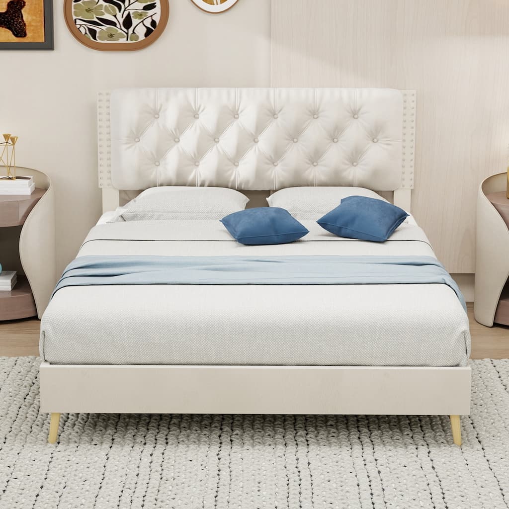 Beige Full Size Platform Bed Frame with Upholstered Headboard