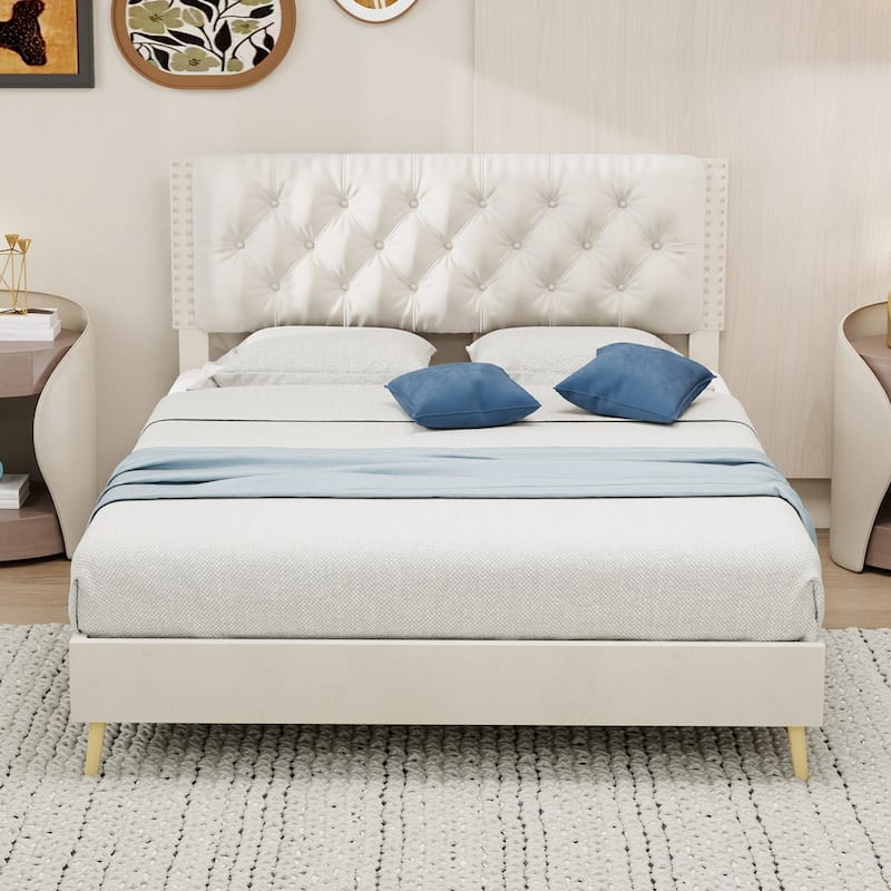 Modern Upholstered Platform Bed Frame with Tufted Headboard/Wood Slats Support/Noise-Free Stable Structure/No Box Spring Needed - Beige - Full