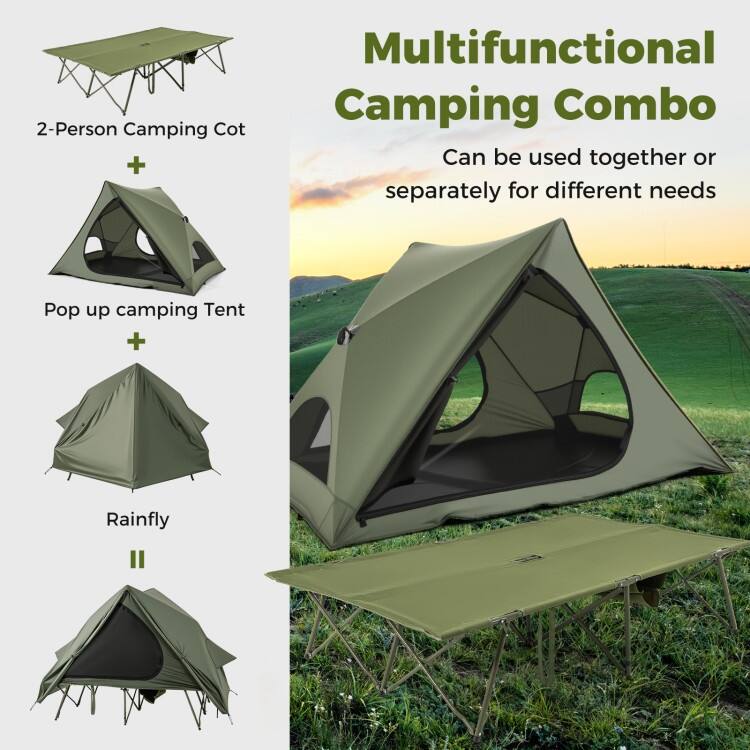 Green Oxford Cloth Metal 2-Person Camping Tent Cot Combo with Rainfly and Wheeled Bag - 80" x 51" x 64"