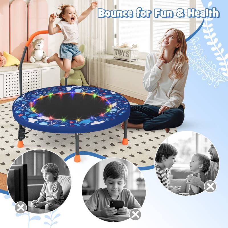Foam Kids Trampoline with LED Lights, Foldable Frame and Handrail