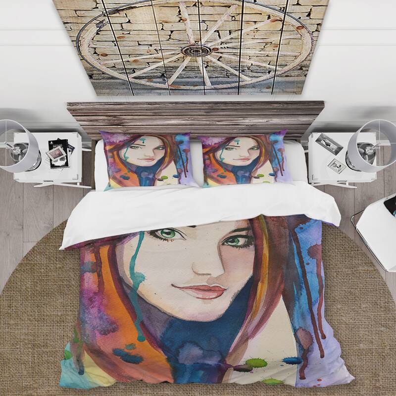 Designart 'Colorful Portrait Of Young Woman' Traditional Duvet Cover Set