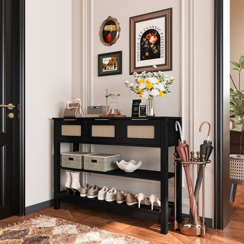 43.3" Sofa/Console Table - with 3 Top Drawers and 2 Open Shelves, Farmhouse Style