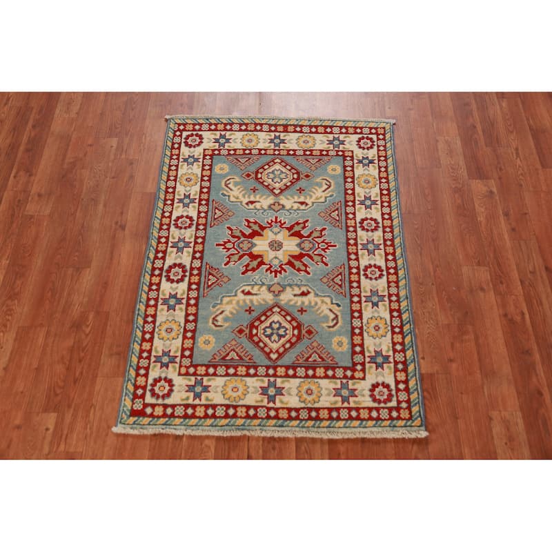 Light Blue Kazak Foyer Rug Hand-Knotted Wool Carpet - 2'8"x 3'9"