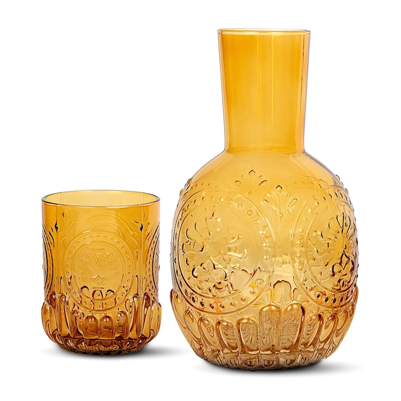 Elle Decor Carafe Bedside Night Water Carafe Glass Pitcher and Cup - 4.52" x 8.26"