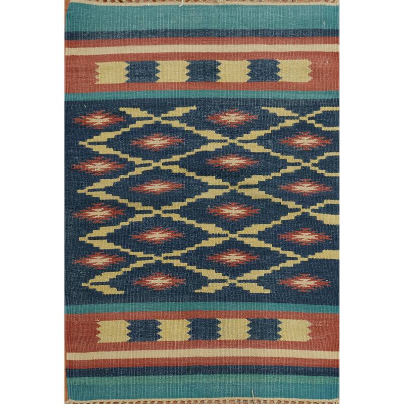 Hand Woven Oriental 100% Wool Carpet Southwestern Geometric Navy Blue & Blues Kilim Area Rug - 3' 1'' X 2' 1''