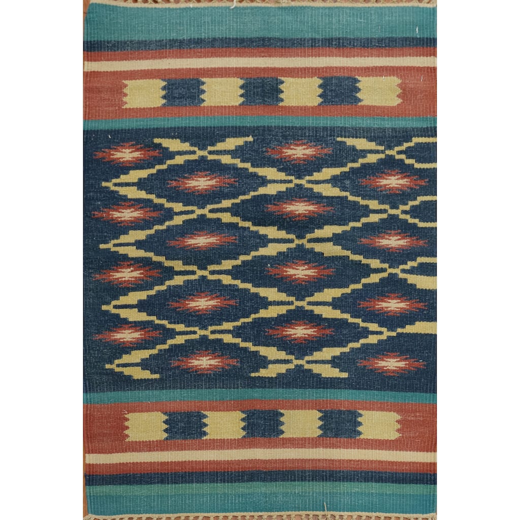 Hand Woven Oriental 100% Wool Carpet Southwestern Geometric Navy Blue & Blues Kilim Area Rug - 3' 1'' X 2' 1''