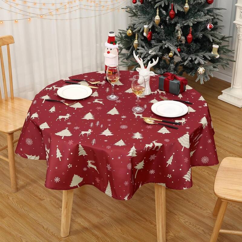 Christmas Round Tablecloth Waterproof Holiday Xmas Decor, Red - 60"round
