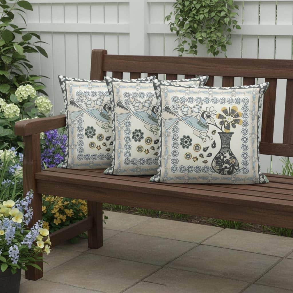 HomeRoots Set of Three 16" X 16" Black and Gray Peacock Blown Seam Floral Indoor Outdoor Throw Pillow - 16.00' X '16.00' X '5.00