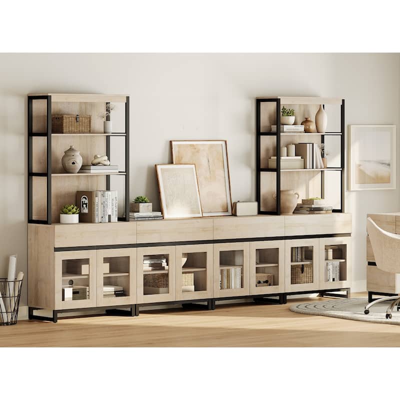 Modern 72" Tall Bookcase with 4 Drawers and Open Book Shelfs,Wood Freestanding Bookshelves for Living room, - Beige - 126 inches