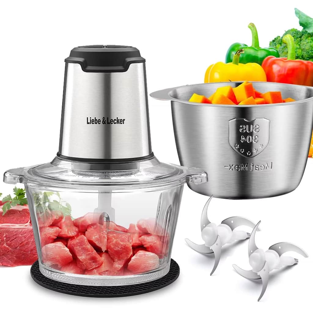 Food Processor, Meat Grinder with 2 Bowls 8 Cup and 8 Cup, Food Chopper Electric Vegetable Chopper with 4 Large Sharp Blades