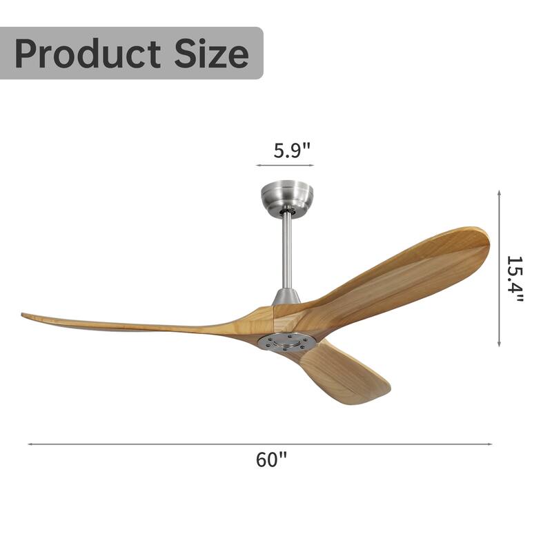 60" Outdoor Ceiling Fan Without Light, 3 Solid Wood Blade with DC Motor Remote Control - Brushed Nickel