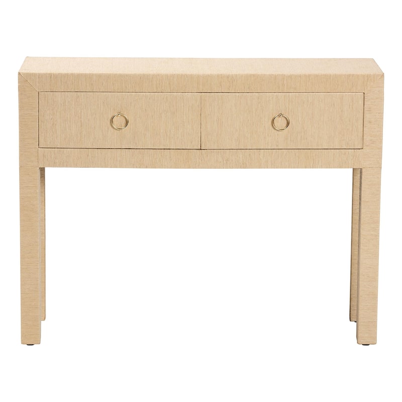Noah Grasscloth 2-Drawer Console Table - Woven Texture Entryway Table with Gold Ring Pulls, Narrow Hallway or Living Room Accent