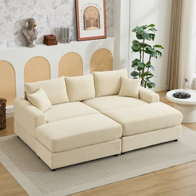2 Pieces Corduroy Sectional Couch Covers with 2 Pillows, Beige