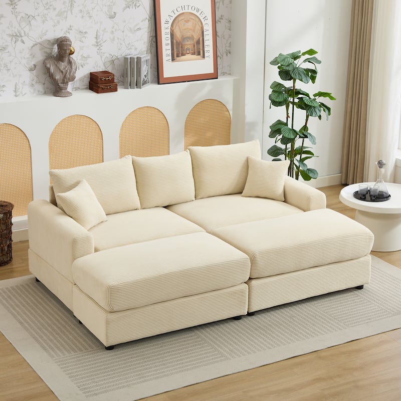 Sectional Couch Sofa for Living Room, Modern Corduroy Modular Couch with 2 Ottoman, Corduroy Sofas for Apartment, Office - Beige