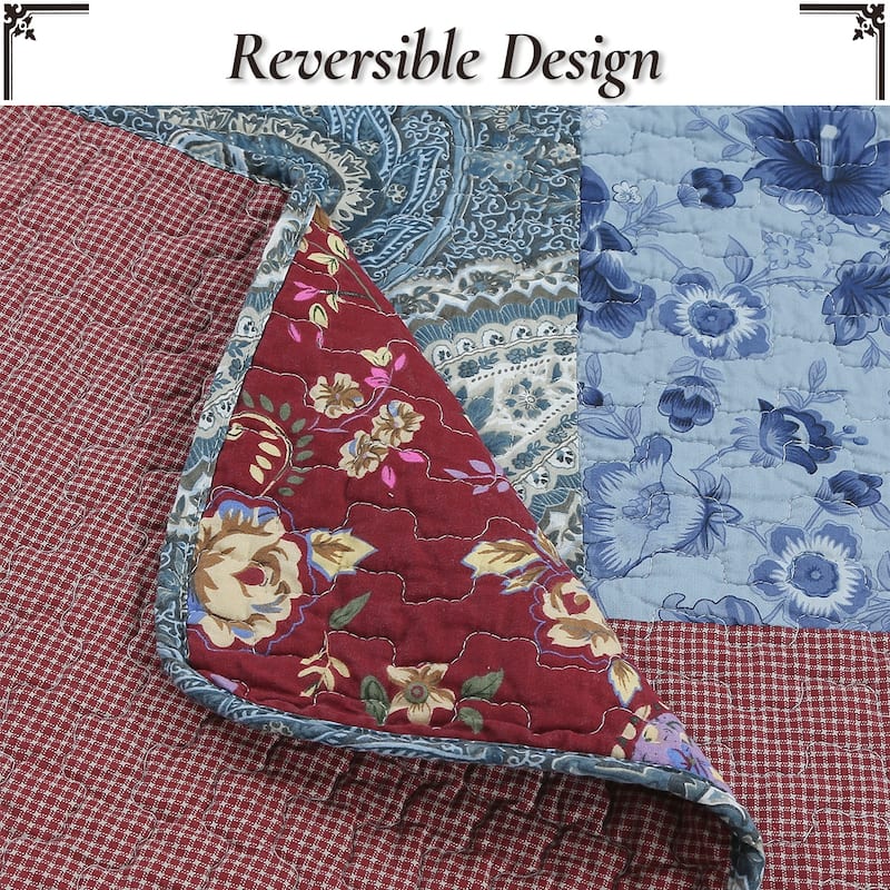 Cozy Line Country Blue Rose Floral Paisley Garden Cotton 3 Piece Patchwork Quilt Bedding Set
