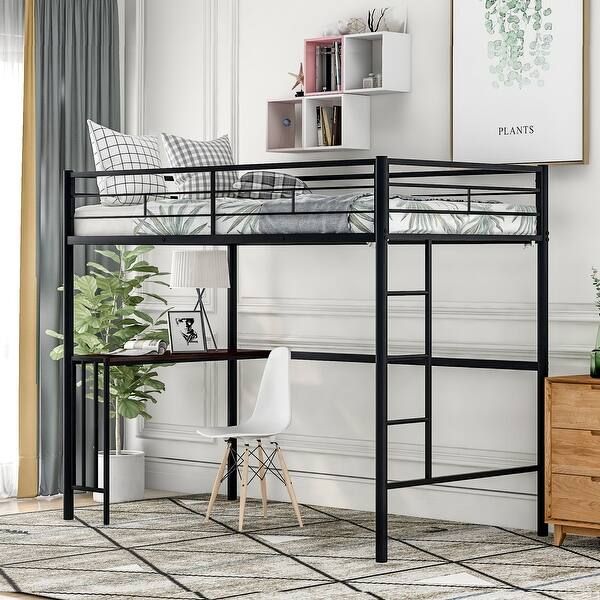 slide 2 of 15, Twin Metal Loft Bed with Built-in Study Desk, Guardrails, and Ladder for Compact Bedroom Solutions Black