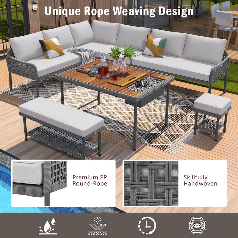 6-Piece Outdoor Patio Rope L-Shaped Sectional Sofa Set with Acacia Wood Table and Ice Box