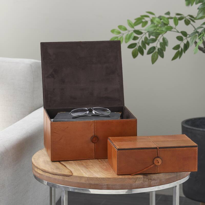 Leather Handmade Decorative Box with Hinged Lid - Set of 2 Gray, Brown, Dark Brown, Gold, Silver - Roche River Decor