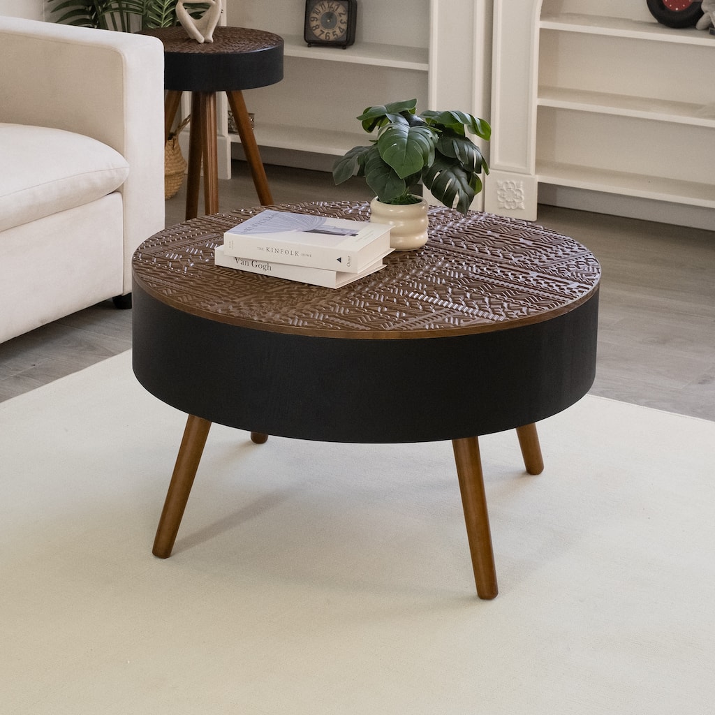 Rossetta 31.5'' American Country Style Decorative Round Coffee Table with Uniquely Carved Tabletop and Solid Wood Legs