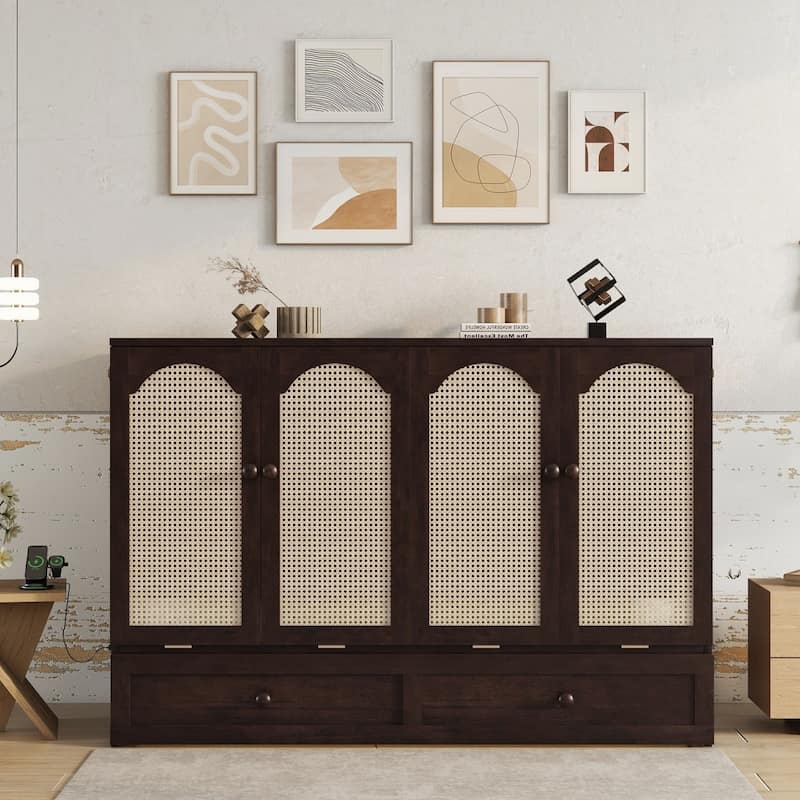Queen Size Wood Murphy Bed with Power Station,Rattan Decoration Panel and Drawer - Espresso