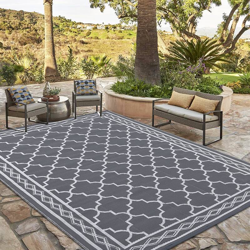 Outdoor Rug Waterproof Reversible Rug Outside Plastic Carpet, Stain & UV Resistant Portable RV Rug - 8'x10' - Gray White