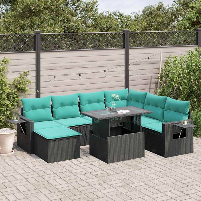 vidaXL Patio Sofa Set with Cushions Table and Couches 8 Piece Poly Rattan - 24.4 x 24.4 x 27.2 - Black