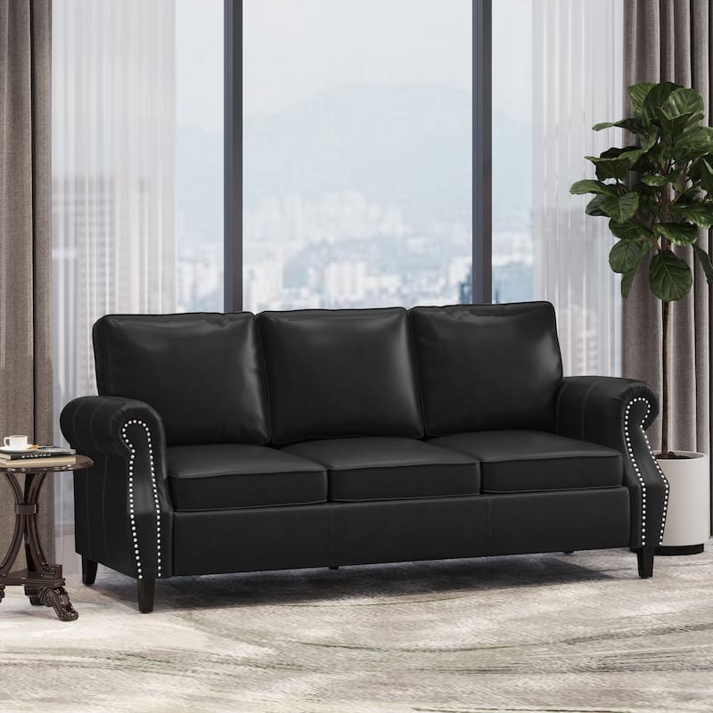 Modern 80" Faux Leather 3-seater Sofa with Birch Wood Legs and Nailheads for Living Room