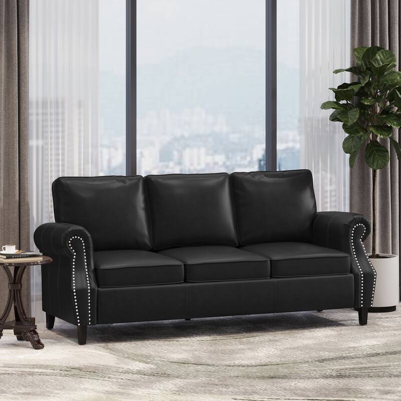 Roomfitters 3 Seater Classic Faux Leather Sofa with Rolled Arms and Nailhead Trim for Living Room or Study