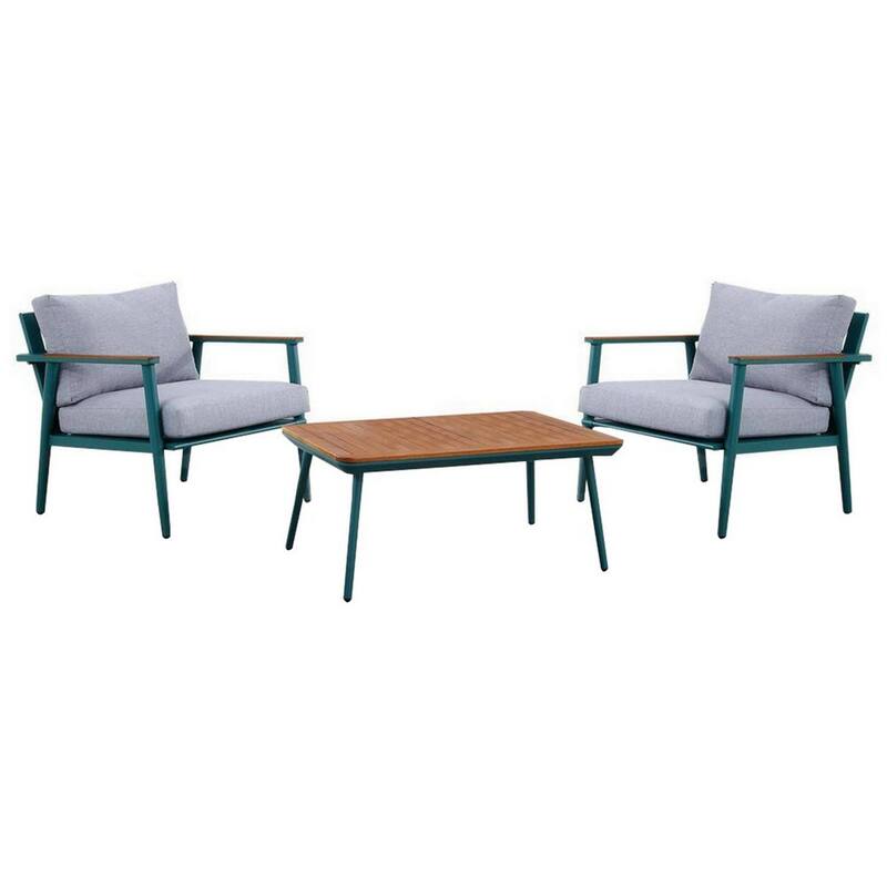 3 Piece Outdoor Coffee Table and Chairs Set, Wood Planks, Gray, Green