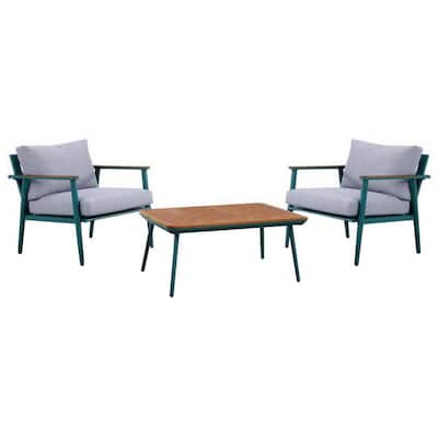 3 Piece Outdoor Coffee Table and Chairs Set, Wood Planks, Gray, Green
