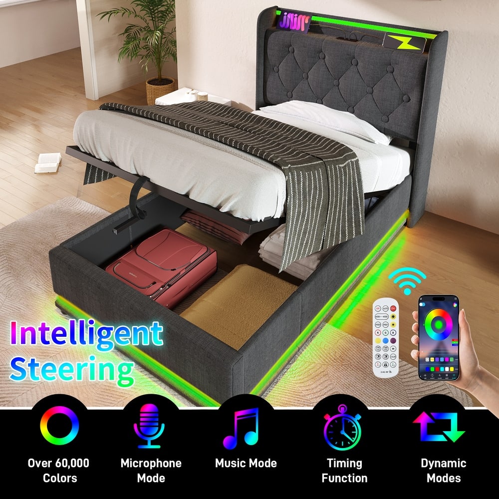 Twin Size Upholstered Bed w/ 360 Surround LED Function, Buttons/Apps/Remote Control, Hydraulic Storage Bed w/ USB Charging