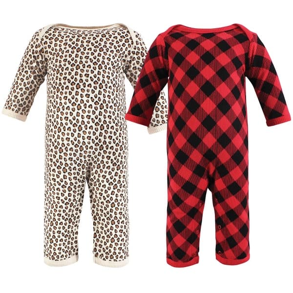 slide 1 of 1, Hudson Baby Infant Girl Thermal Coveralls 2pk, Buffalo Plaid Leopard 0 - 3 Months - Red