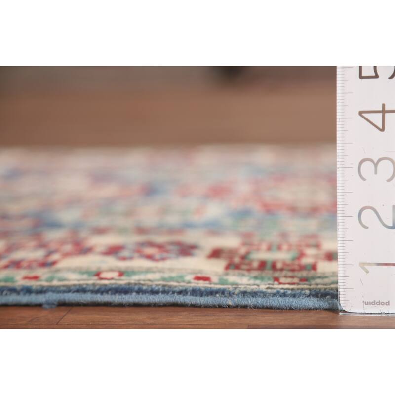Geometric Kazak Runner Rug Hand-Knotted Blue Wool Carpet - 2'6" x 12'8"