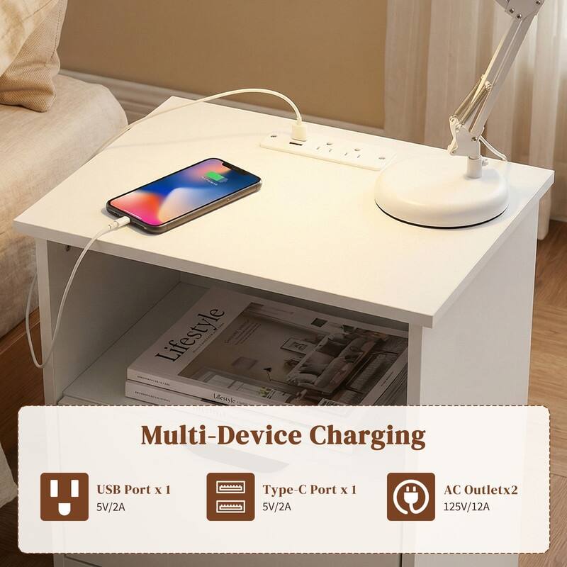 15.7"W Nightstand, P2 Particleboard, Matte Melamine, Handleless, 2 Drawers, US Outlet