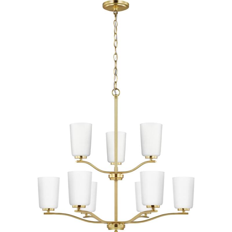 Adley Collection Nine-Light Satin Brass Etched White Glass New Traditional Chandelier - 28 in x 28 in x 26.12 in