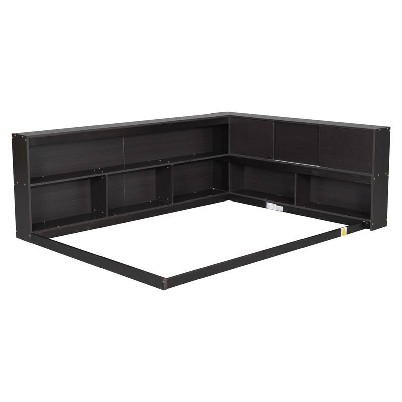 Full Floor Bed Frame with L-shaped Bookcases, Sliding Doors,without Slats