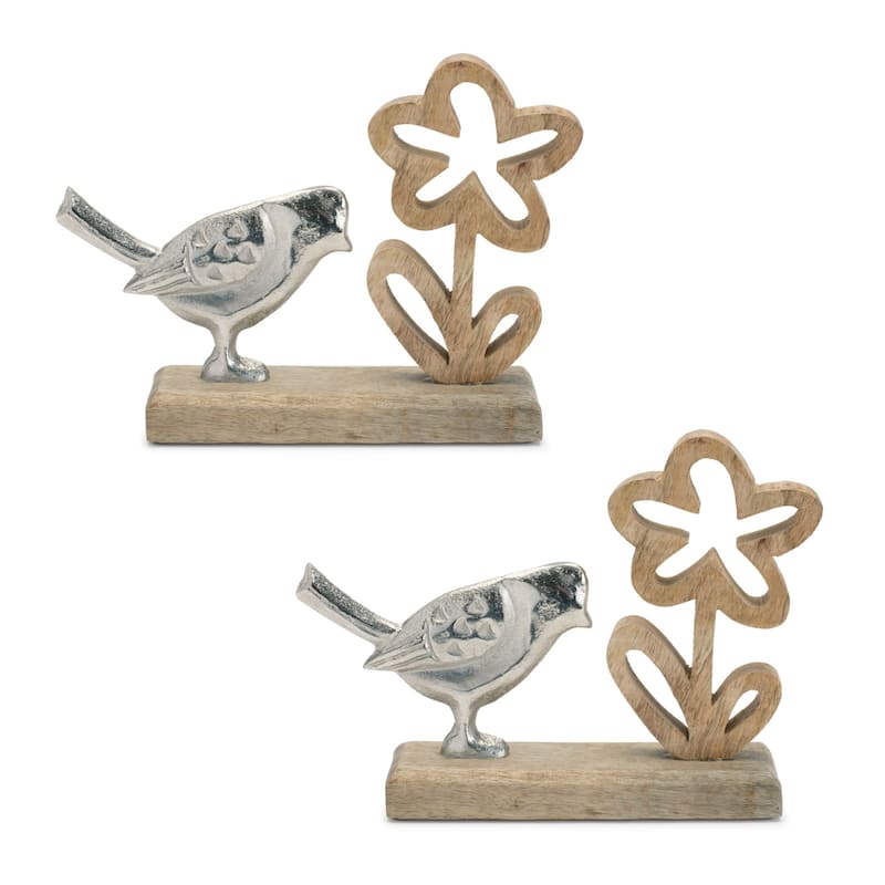 Bird and Flower on Wooden Base Decorations - 9.5" - Set of 2