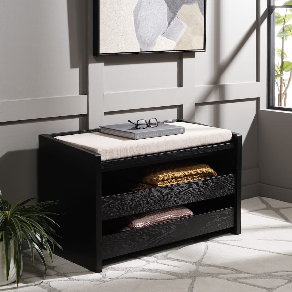 SAFAVIEH Roseanna Shoe Storage Bench Oak / Beige - 34" W x 18" D x 21" H - 34Wx18Dx21H