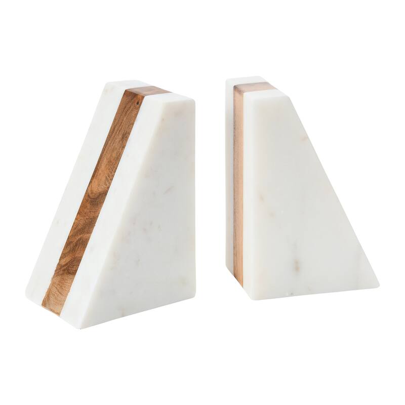 Marble Geometric Bookends with Wood Inlay - 8.0"L x 3.0"W x 6.0"H - White - 8.0"L x 3.0"W x 6.0"H