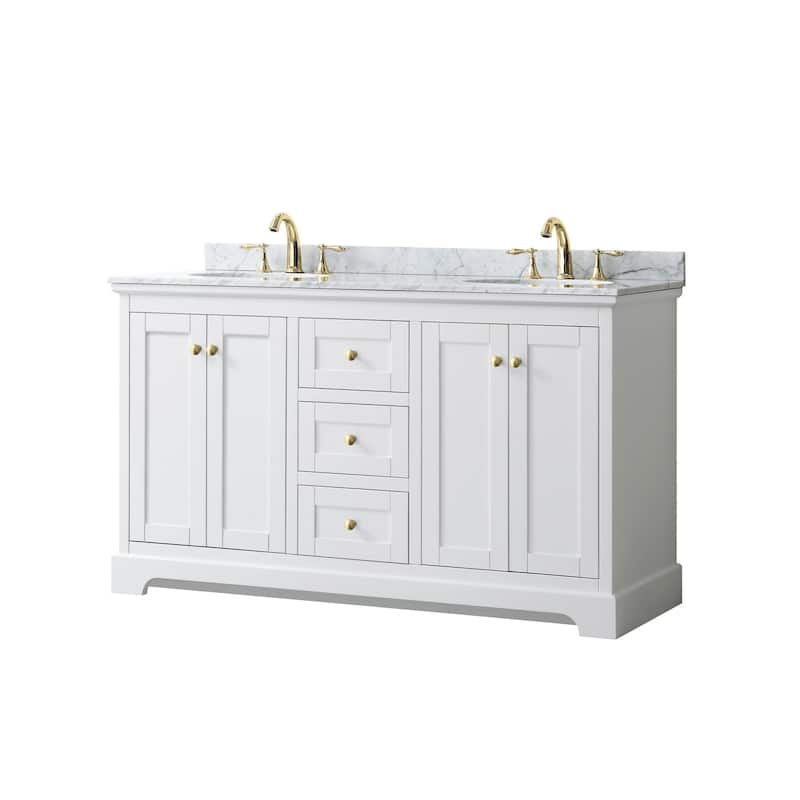 Wyndham Collection Avery 60" Free Standing Double Basin Vanity Set - White / White Carrara Marble Top / Brushed Gold - Painted