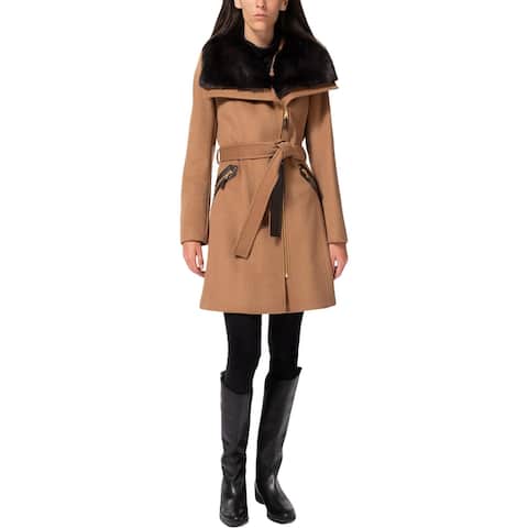 Via Spiga Kate Women's Asymmetric Wool Blend Coat with Faux Fur Collar - Camel