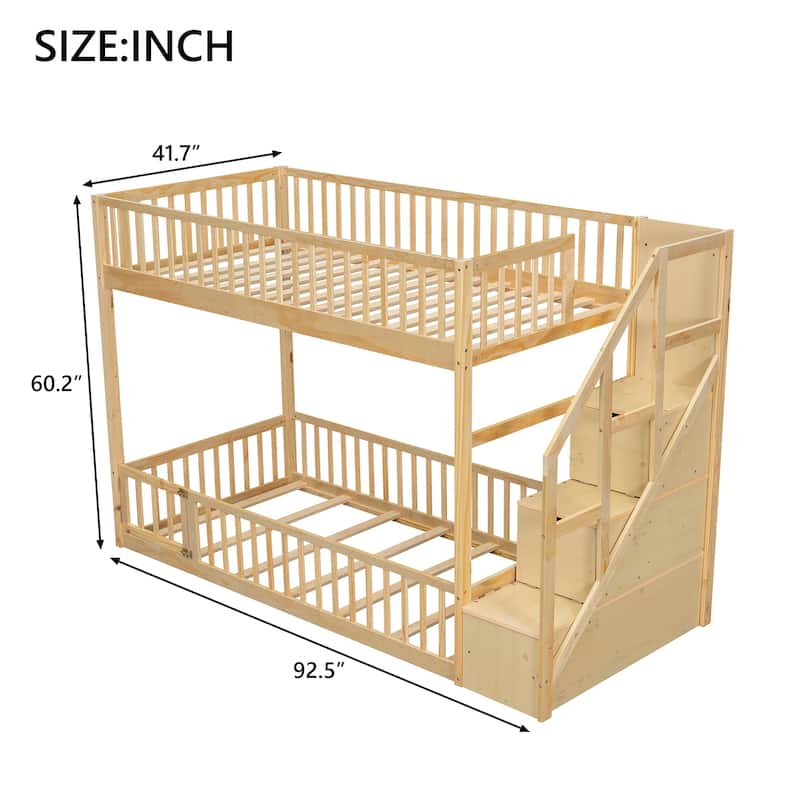 Twin Over Twin Floor Bunk Bed Frame with Storage Stairs and Door