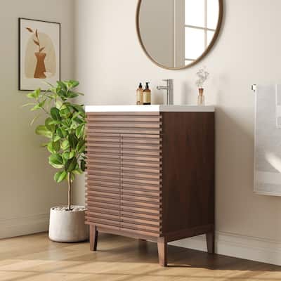 DeerValley 24 inch Bathroom Vanity with Ceramic Sink Top, Pre-assembled Mid-Century Wood Bathroom Cabinet Walnut