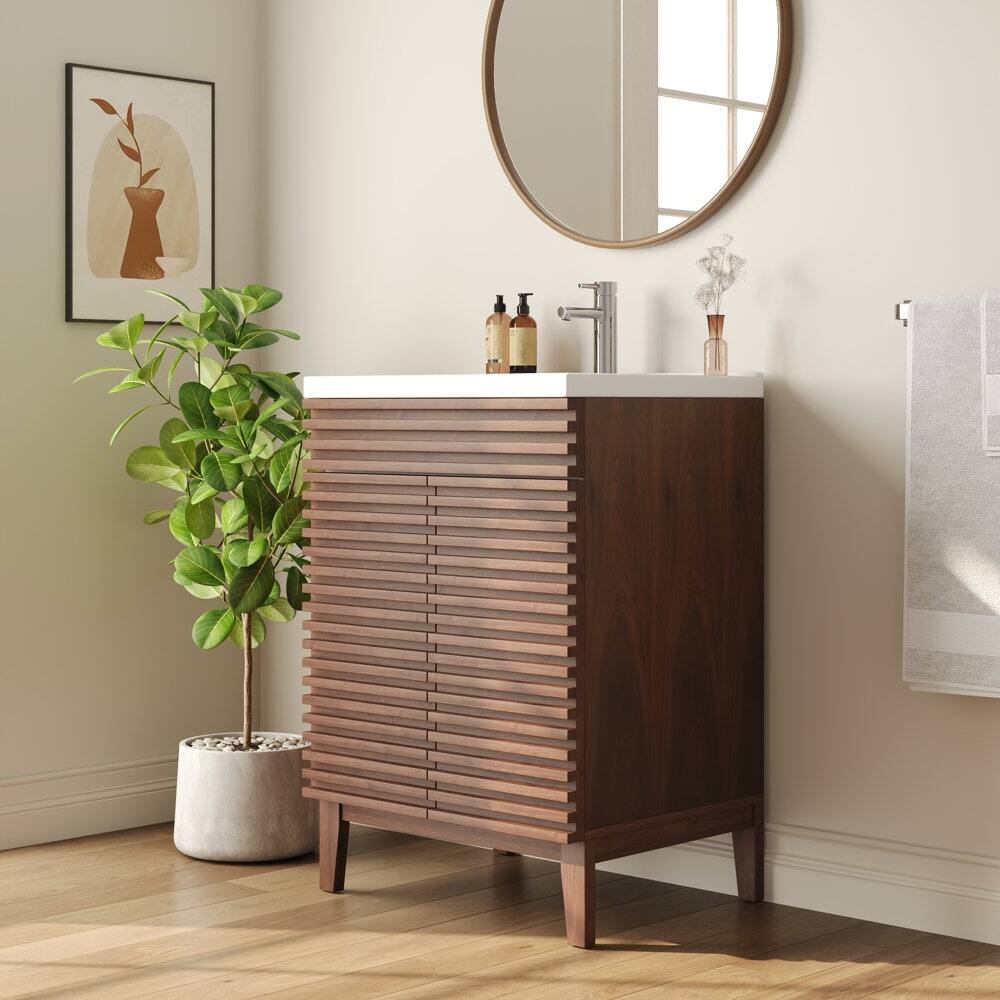 DeerValley 24 inch Bathroom Vanity with Ceramic Sink Top, Pre-assembled Mid-Century Wood Bathroom Cabinet Walnut