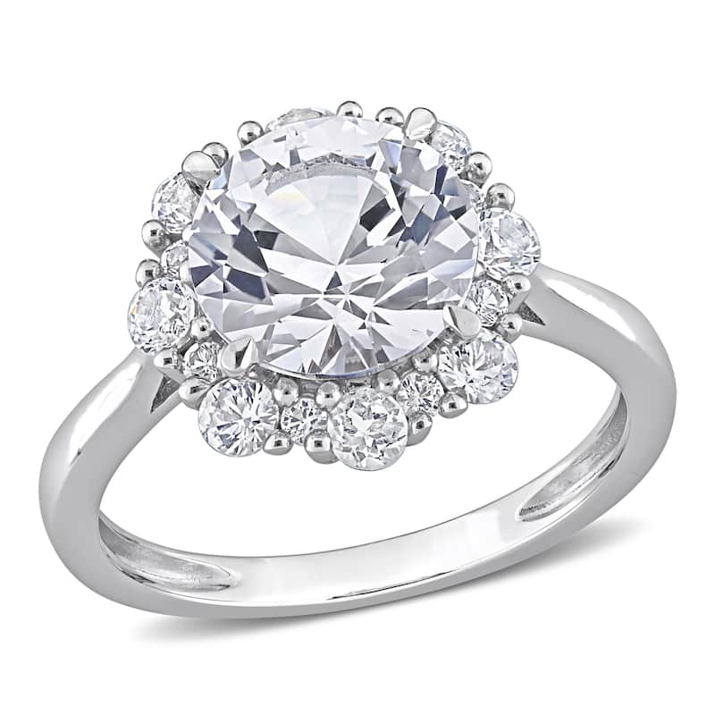 Miadora Created White Sapphire Halo Floral Engagement Ring in 10k White Gold