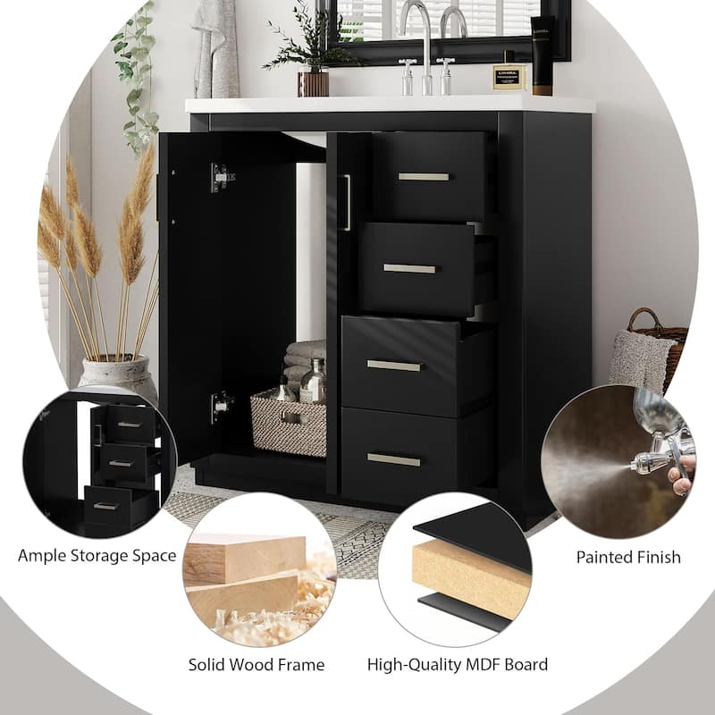 30"Bathroom Vanity with Ceramic Sink,Solid Wood Storage Cabinet,Freestanding Vanity Set with 3 Drawers& Soft Closing Doors
