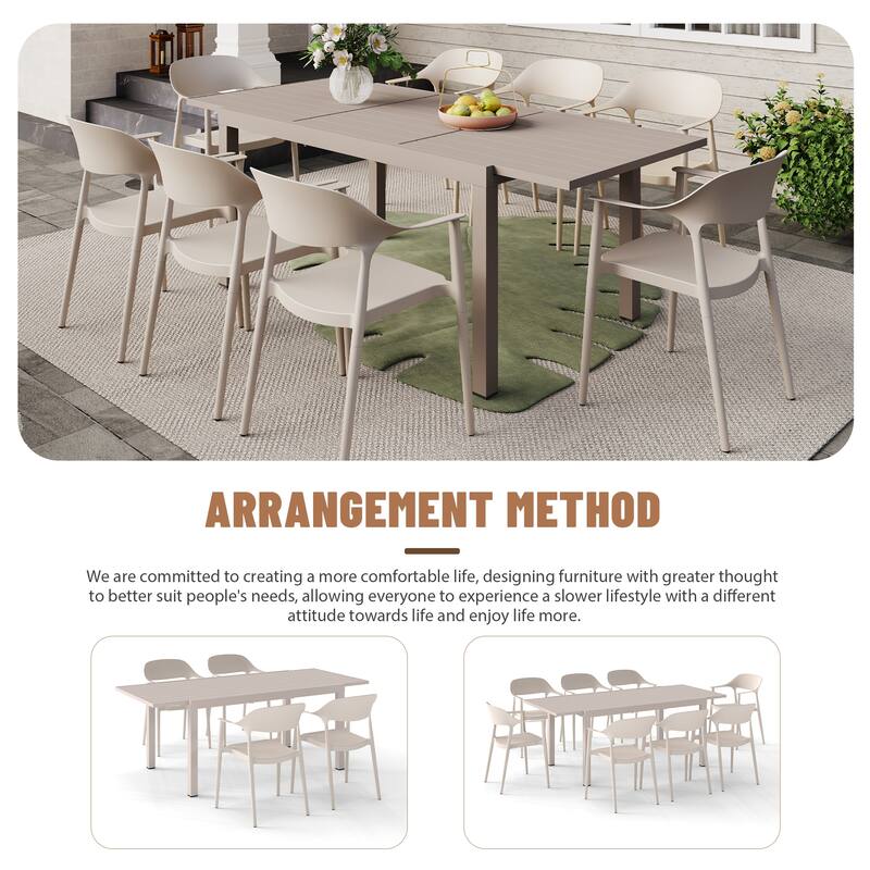 Outdoor Dining Set 9-Piece Stackable Plastic Lightweight Curved Backrest Armchair and Extendable Dining Table