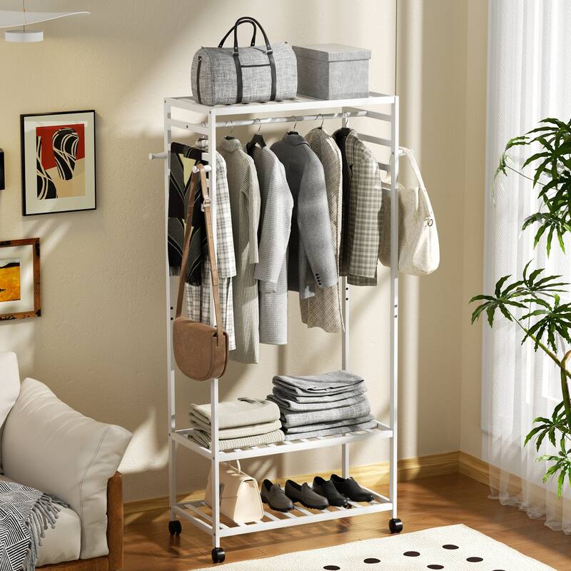 Bamboo Rolling Clothes Rack with Storage Shelves and Hanging Rod - W 30.9" x D 15.75" x H 66.34"